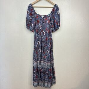 Floral Maxi Dress Knox Rose Blue Fairy Rayon Boho Tiered Long Womens Size M